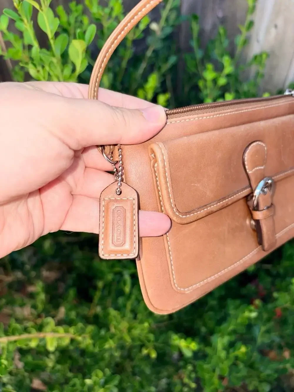 Vintage Coach Tan Brown Leather Wristlet Clutch with Front Flap Buckle Pocket